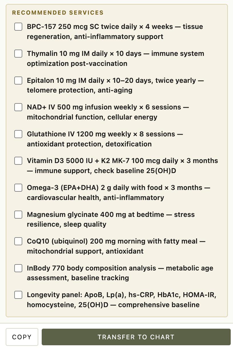 Doctor Deep — recommended services for a longevity protocol: peptides, NAD+, biomarkers