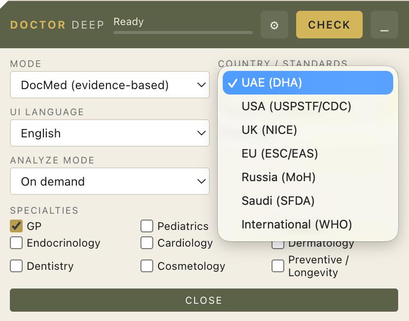 Doctor Deep — country, specialty and recommendation mode settings