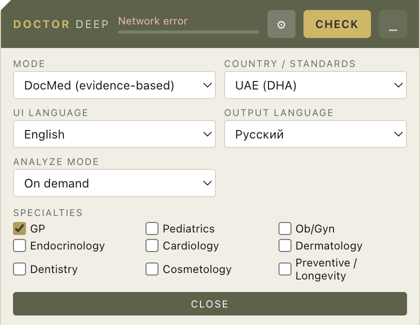 Doctor Deep extension settings panel with language, country and specialties